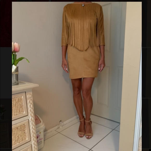 FAUX SUEDE CAMEL FRINGED DRESS WITH POCKETS - Picture 2 of 9